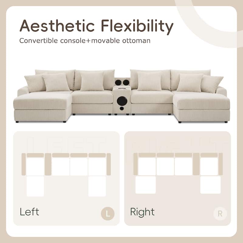 Roomfitters 141.5" Corduroy Sectional Sofa, U Shaped Couch with Console, Deep Wide Seat, Ottoman, Cream