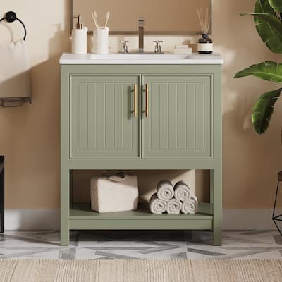 30 in. W x 18 in. D x 34 in. H Single Sink Freestanding Bath Vanity with White Ceramic Top