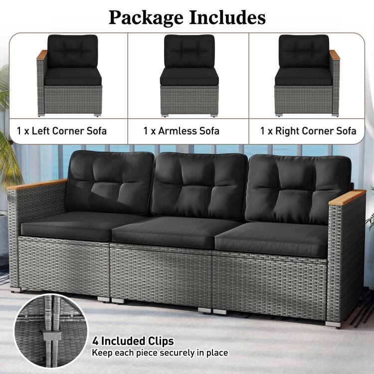 Mix Grey PE Rattan 3-Seater Outdoor Sofa with Black Cushions - 26" x 76" x 25.5"