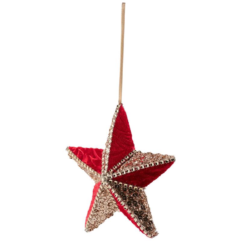 Sequined and Velveteen 5-Point Star Christmas Ornament - 6" - Gold and Red