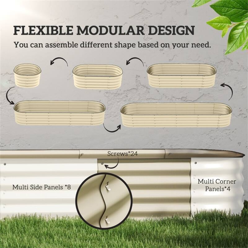 Modular Raised Garden Bed with Galvanized Steel and Drainage - 94.5" L x 24.5" W x 11.75" H