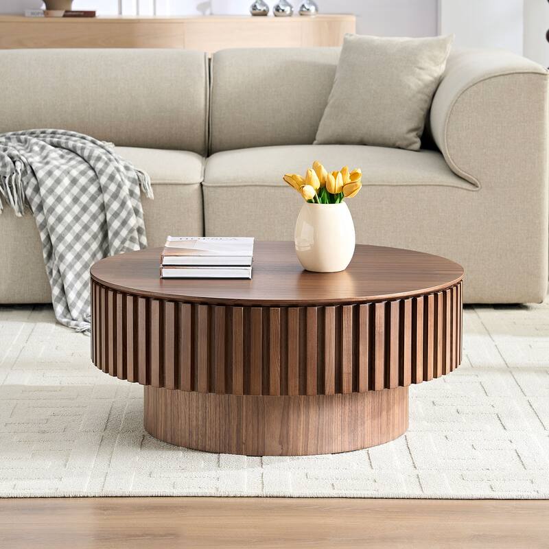 31.5" Round Wood Coffee Table with Storage, Modern Handcraft Drum Coffee Table, Stylish Circle Wooden Center Table