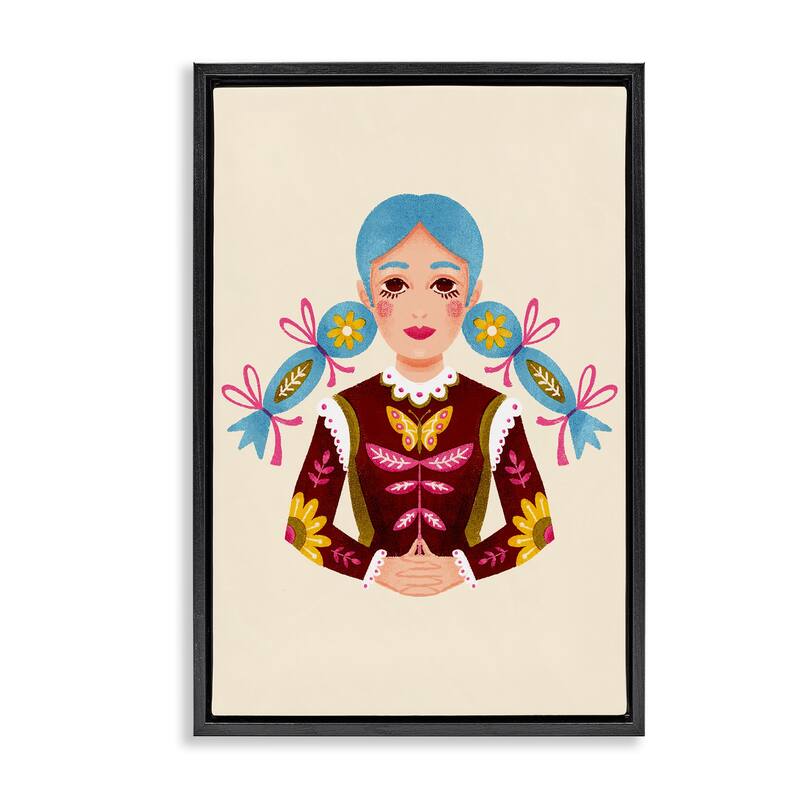 Stupell Blue Haired Girl Portrait Framed Floater Canvas Wall Art Design By Hannah Moren - 21 x 31 - Black