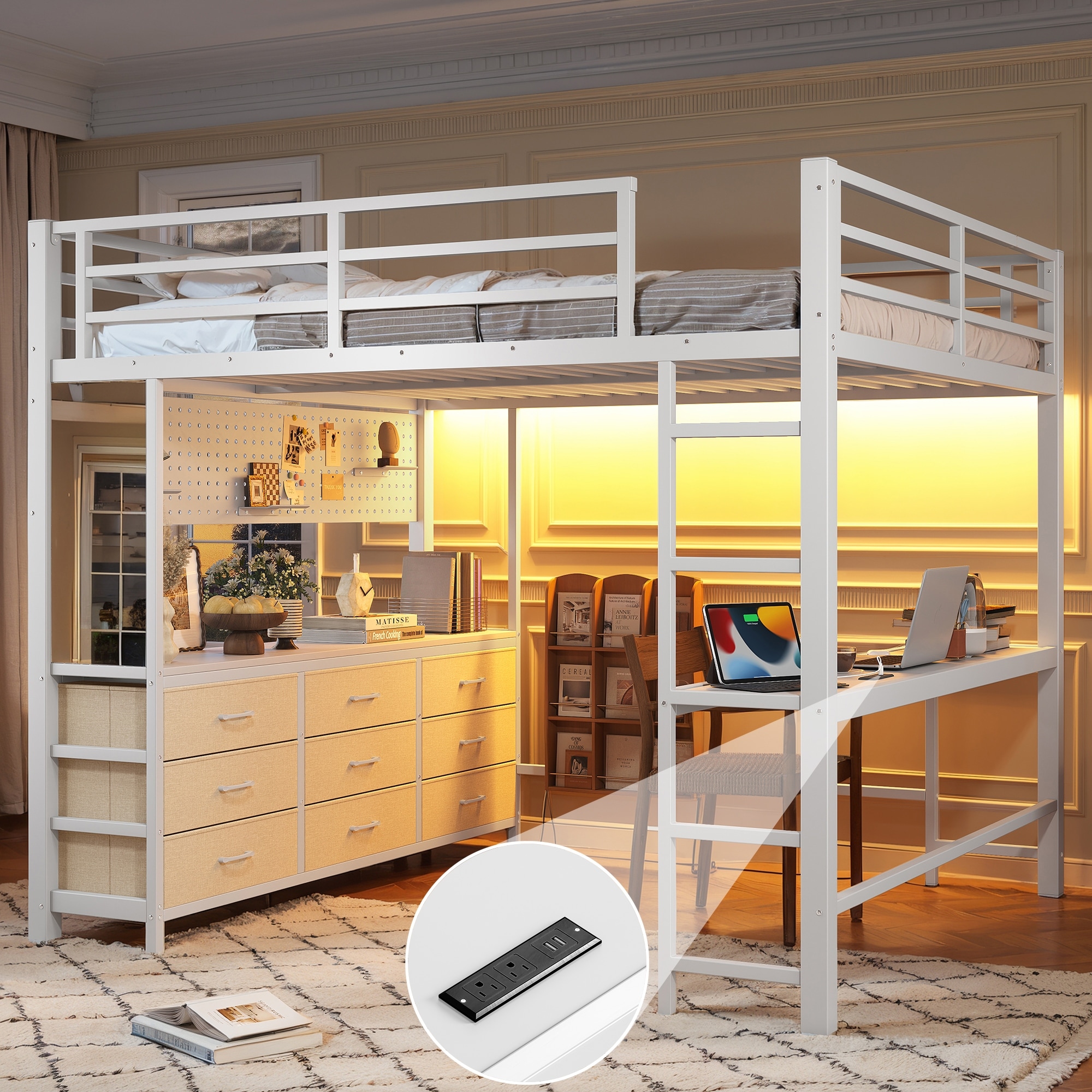 Full/Queen Metal Loft Bed with Desk, Drawers, Mirror, USB Ports and LED Light