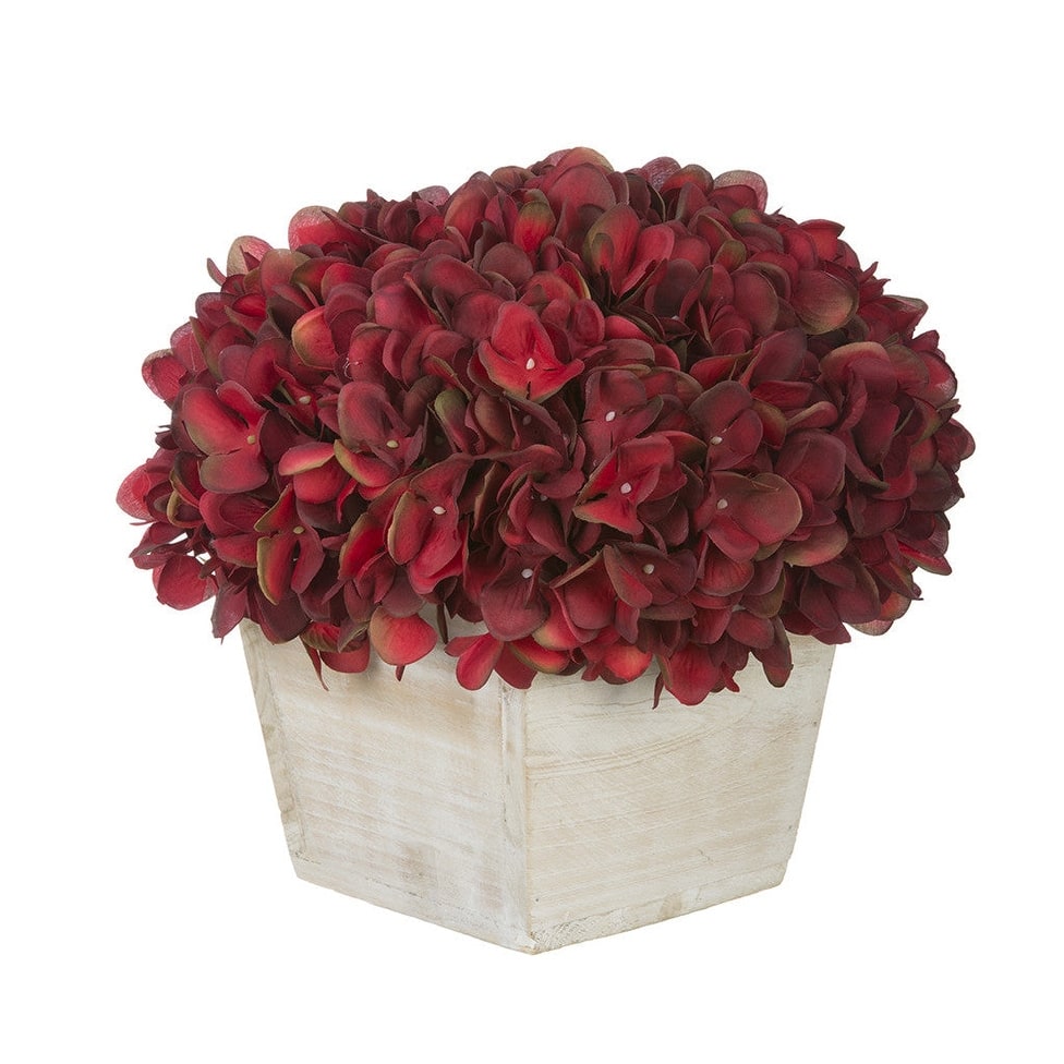 Faux Hydrangea in White Washed Wood Cube Planter