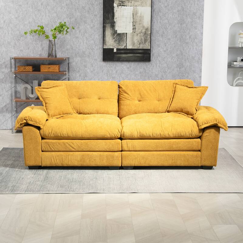 Small Sofa Loveseat Deep Seat Sofa Couch with 2 Throw Pillows, 2-Seater Settee with Pillow Top Armrests - Yellow