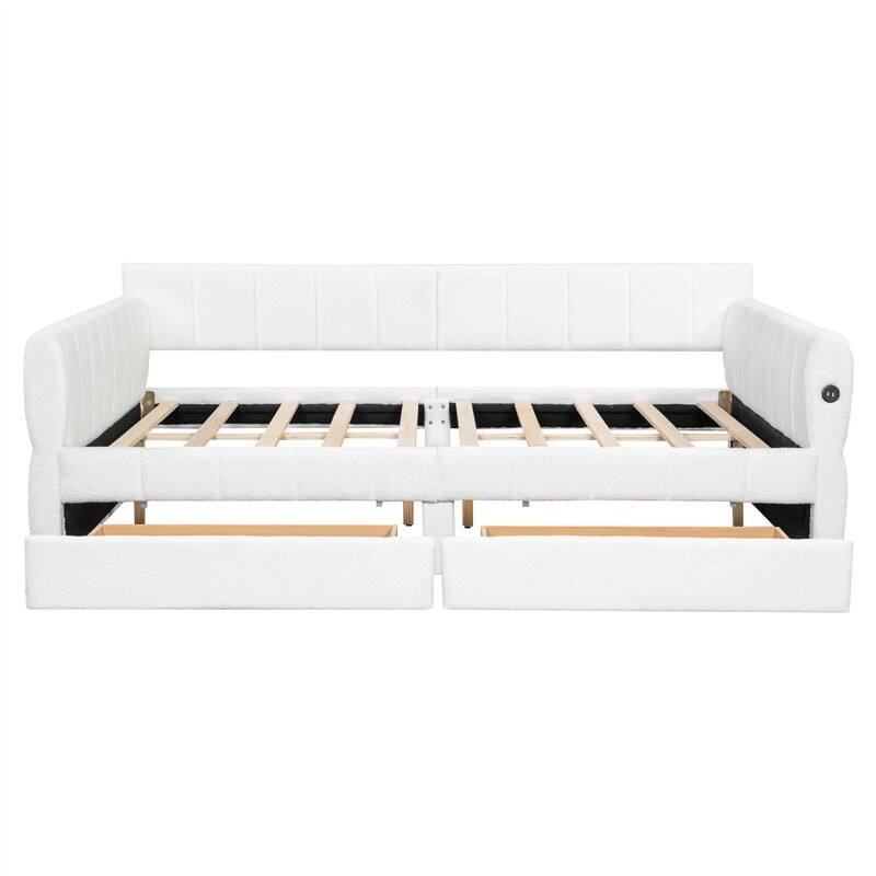 Queen Size Upholstered Daybed with 2 Storage Drawers, Modern Daybed Frame Sofa Bed with USB Port and Armrest