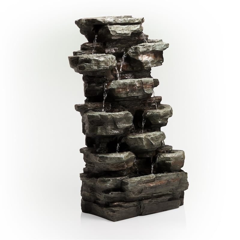 Alpine Corporation WIN930 Outdoor Floor Multi-Tiered Cascading Rock Garden Water Fountain with LED Lights, 39", Green