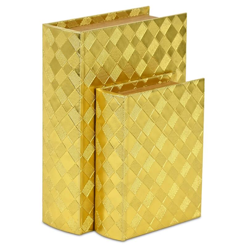 Diamond Checkered Nesting Book Boxes - 11" - Gold - Set of 2