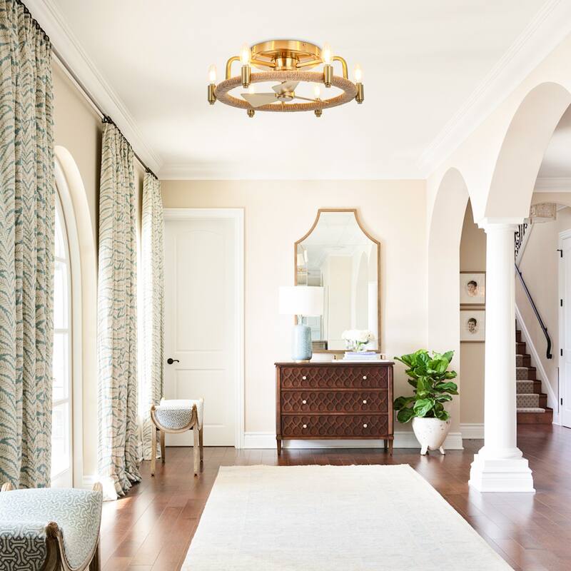 20.4" Gold Hemp Rope Chandelier Low Profile Caged Ceiling Fan with Light - 20.35 in. D x 20.35 in. W x 6.54 in. H