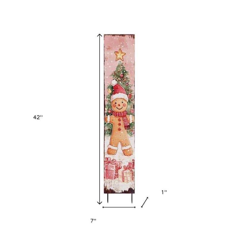 HomeRoots 42" Pink Red And White Solid Wood Christmas Gingerbread Garden Stake