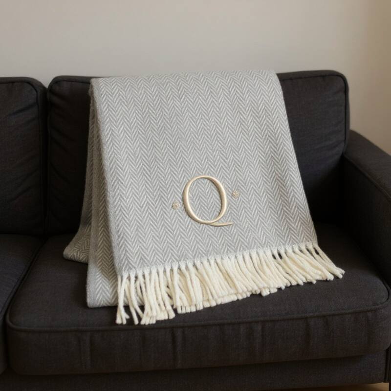55" X 70" Gray And White Herringbone Cotton Blend A Initial Throw Blanket with Tassels And Embroidery
