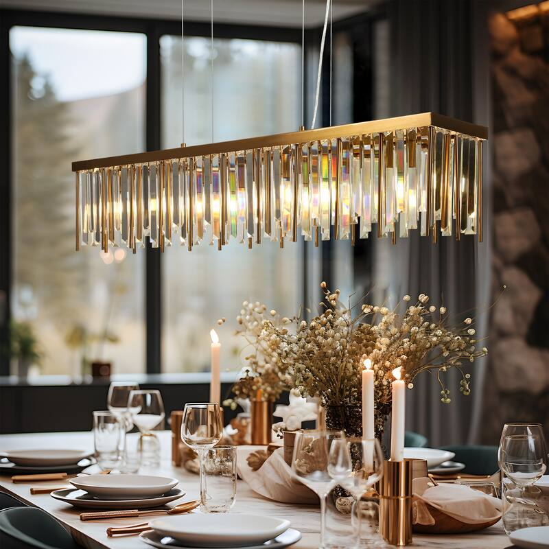 Modern Gold 7-Light Crystal Chandelier Rectangle Island Lights for Kitchen Island