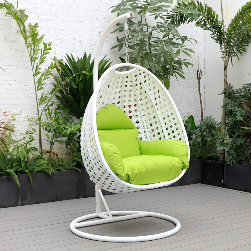 Patio Hanging Egg Swing Chair with White Wicker Shell and Iron Frame for Indoor Outdoor Patio Porch Garden Backyard