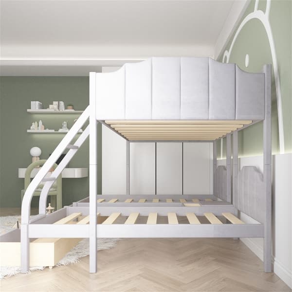 Full Over Twin & Twin Velvet Triple Bunk Bed with Drawers Guardrails
