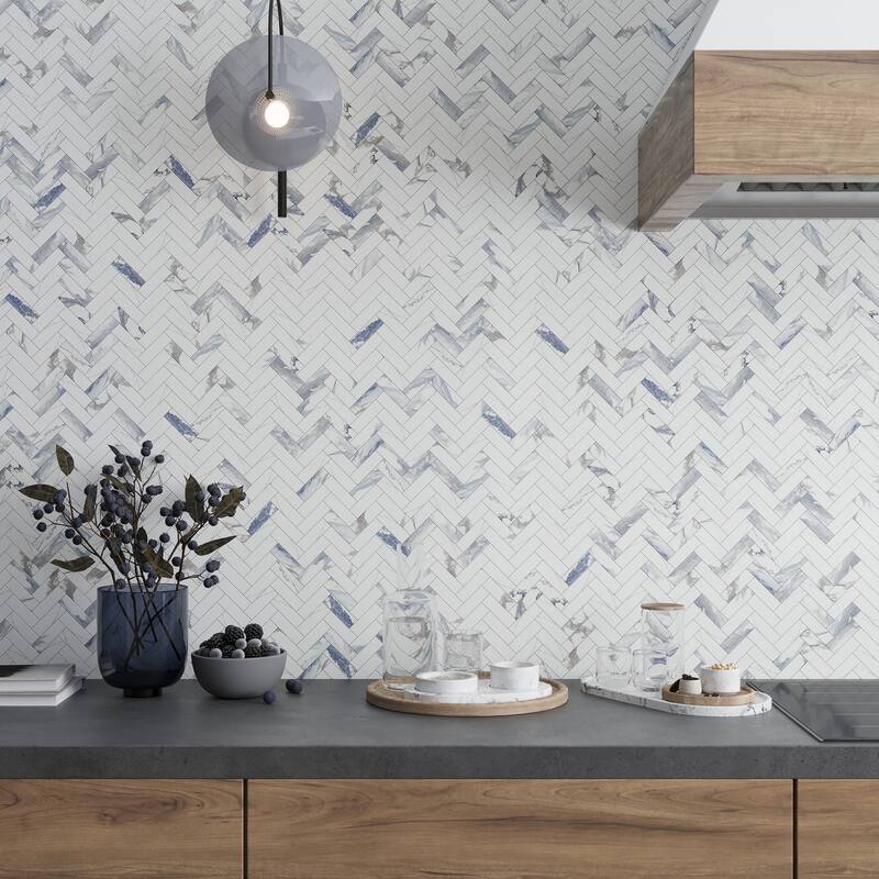 Veneto 11.1 in. x 12.36 in. Polished White with Blue-Gray Porcelain Herringbone Wall and Floor Tile (4.76 sq ft/case) - 5 Sheets