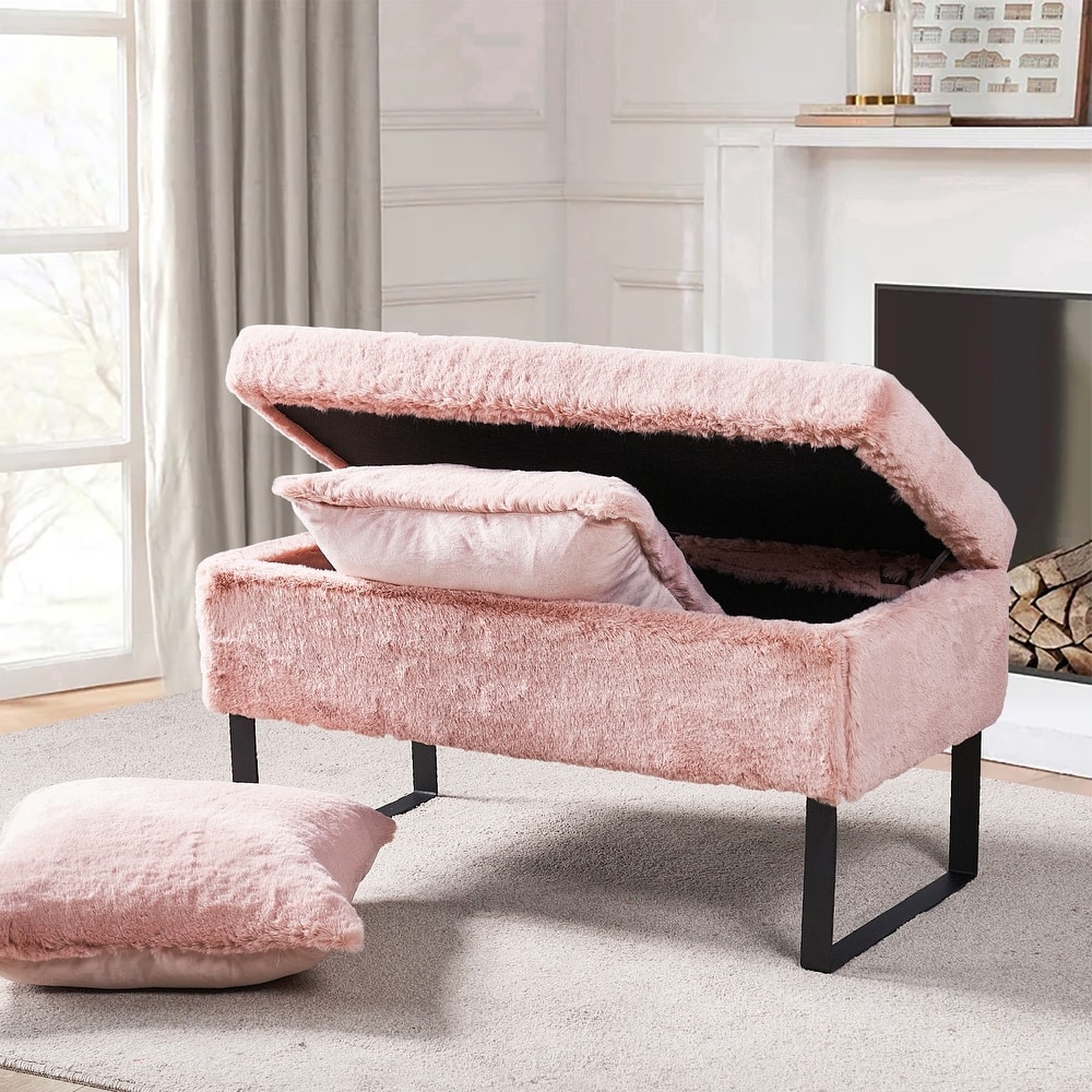 Heavy FauxFur Storage Ottoman with 2 Pillow Set