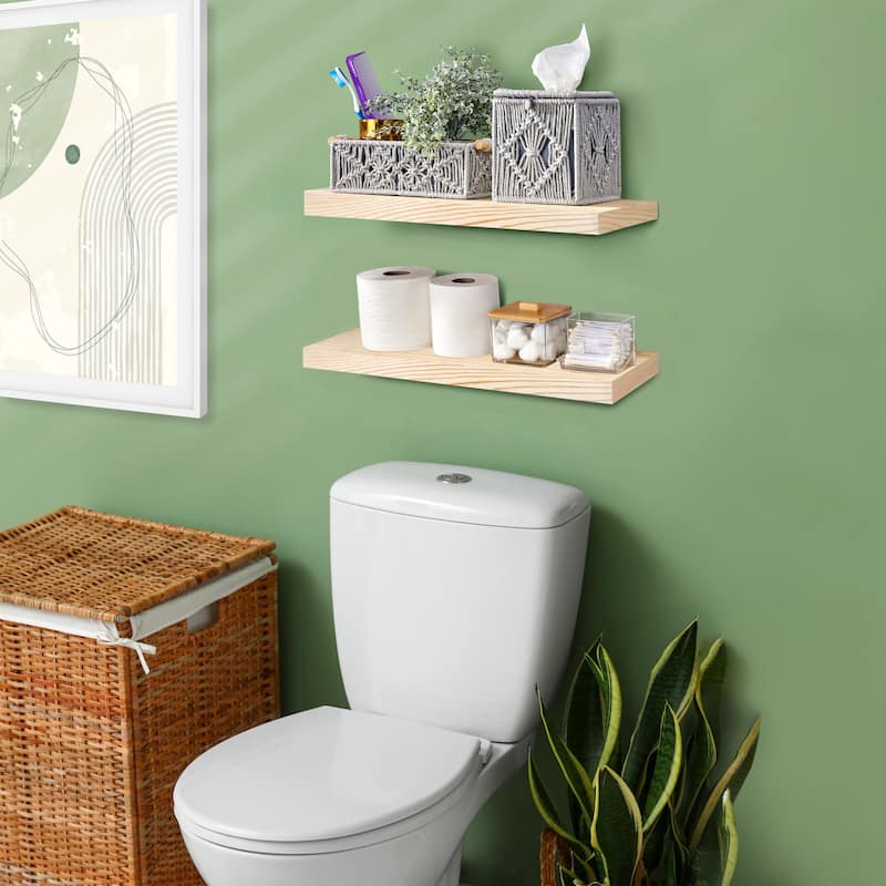 Solid Wood Floating Shelves for Wall - Compact Wooden Wall-Mounted Shelves (16”, Set of 2) - 5.5” L X 16"W X 1.2” H