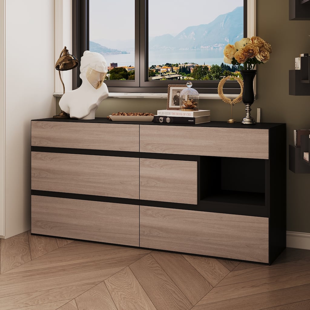 Dresser Sideboard with Wood Grain Drawers and Black Cabinet Wide Organizer for Hallway, Office, or Closet