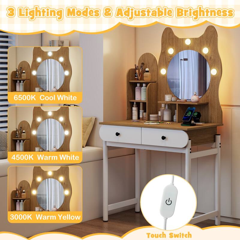 Gymax Small Vanity Desk w/ Mirror & Lights Cute Kitty Makeup Table