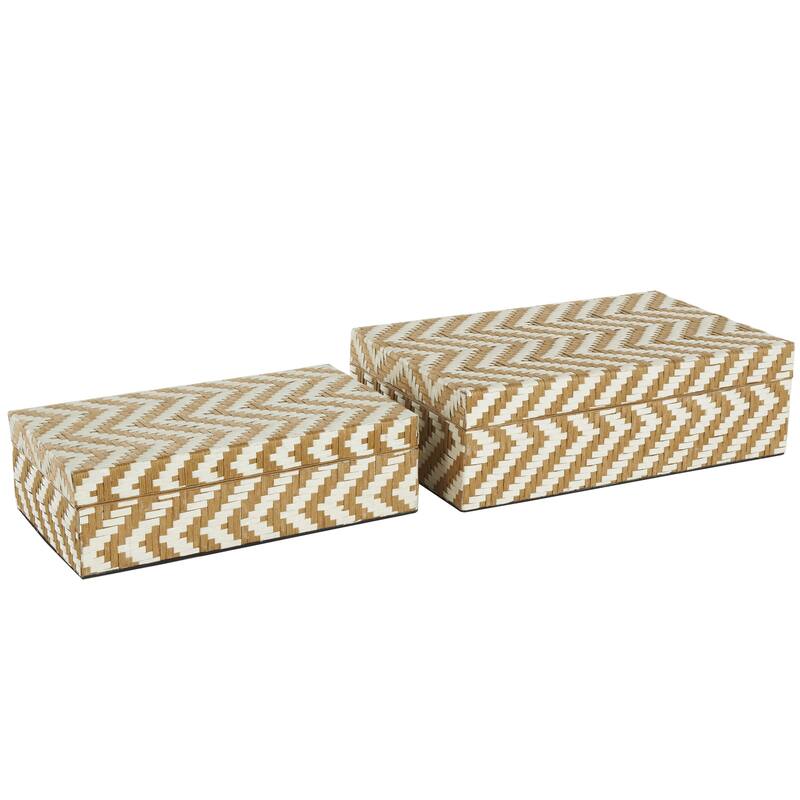 Paper Geometric Handmade Woven Zig Zag Storage Decorative Box with Cream Accents - Set of 2 Brown - Roche River Decor