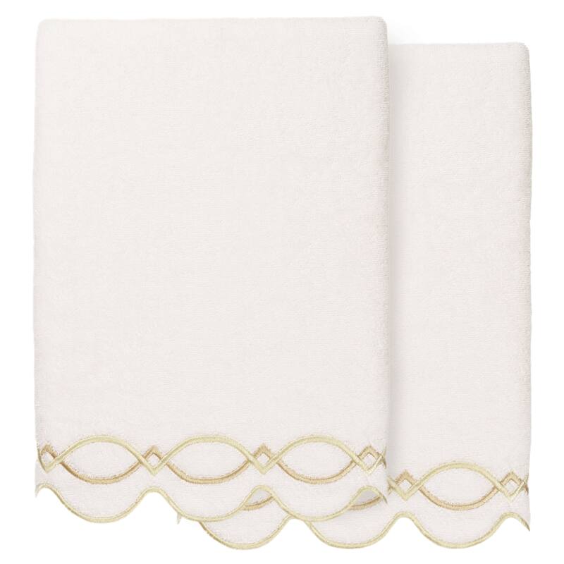 Authentic Hotel and Spa 100% Turkish Cotton DIAMOND CHAIN Scallop Embellished Towel Collection - White/Beige - 2 Bath Towels