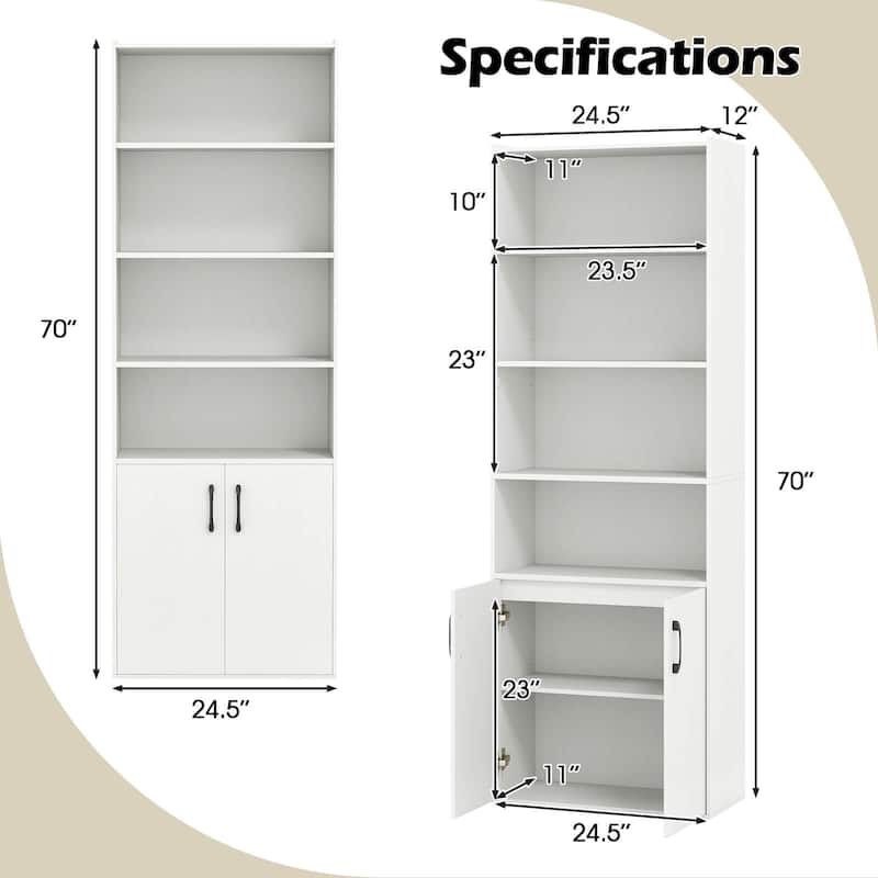Costway 70" Bookcase with Adjustable Shelves with 2-Door Cabinet - See Details