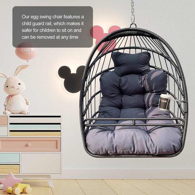 Rattan Metal Hanging Egg Chair with UV-Resistant Cushion, 350lb Capacity,and Foldable Frame for Indoor/Outdoor Use
