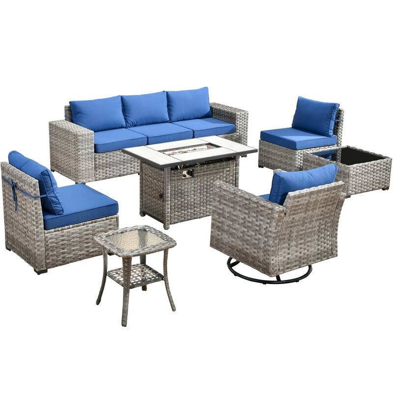 HOOOWOOO 9-piece Wicker Outdoor Modular Wide Armrest Sectional Set Fire Pit Set
