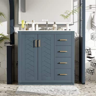 30''/36'' Bathroom Vanity with Ceramic Sink Top, Freestanding Bathroom Vanity Cabinet with 3 Drawers& 2 Soft Closing Doors