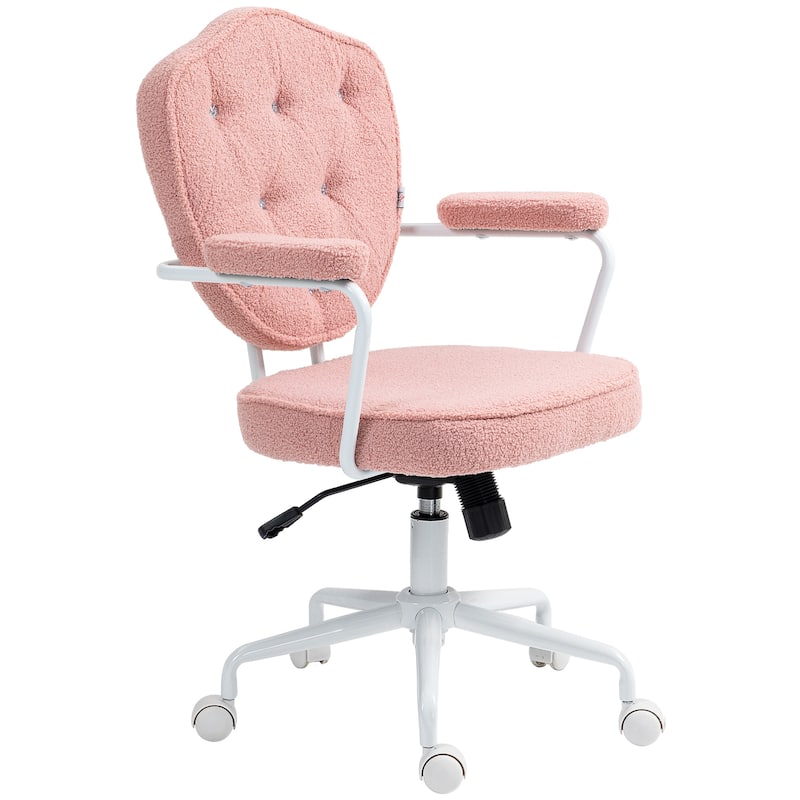 Cute Home Office Chair, Computer Desk Chair with Button Tufted Teddy Bear Fleece, Swivel Vanity Chair
