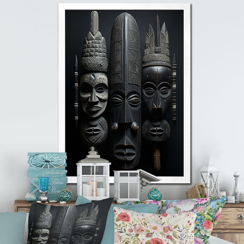 Designart "African Mask" African American Art Framed Wall Art Prints - 24 in. wide x 32 in. high - White