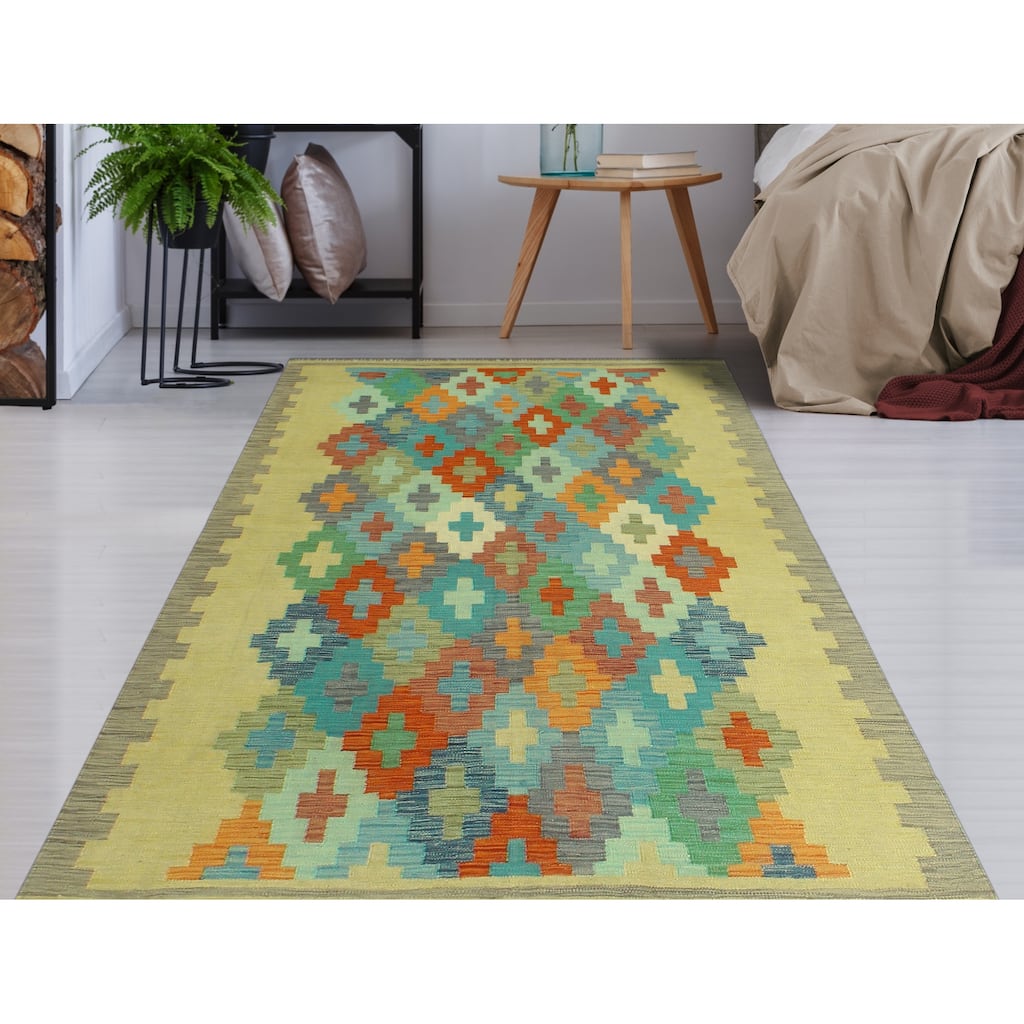 Sangat Flatweave Jaja Gold/Grey Rug - 4'10" x 6'5"