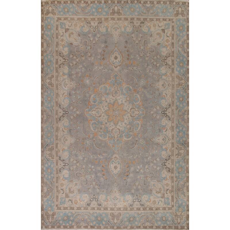 Hand Knotted Oriental 100% Wool Carpet Traditional Floral Greys & Charcoal Tabriz Area Rug - 12' 11'' X 9' 5''