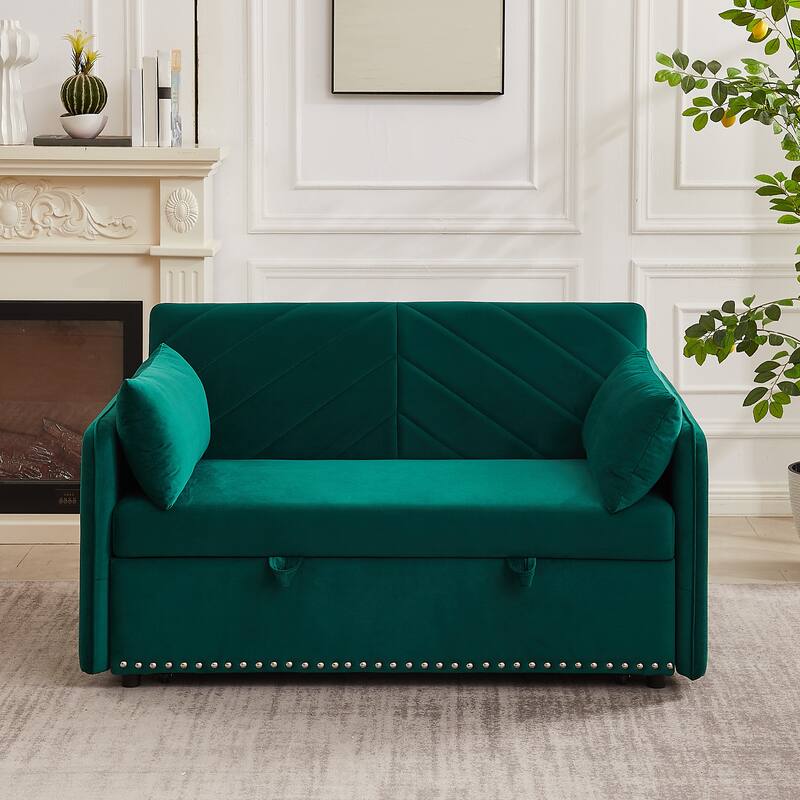 Modern Velvet Sleeper Sofa Bed With USB Port, 3-in-1 Adjustable Soft Velvet Convertible Sleeper Sofa Bed With Pull-out Bed - Green