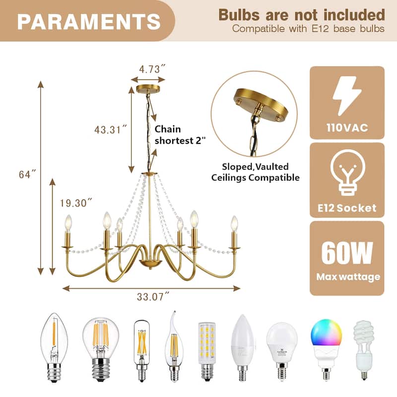 6-Light Dimmable Classic/Traditional Farmhouse Candle Style Chandelier - N/A
