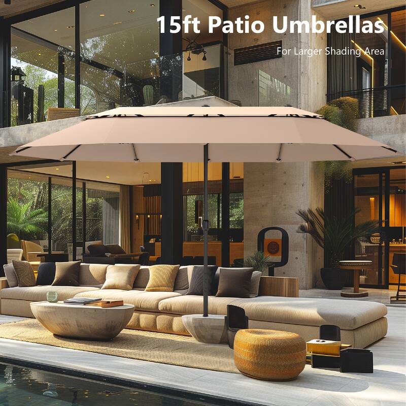 MAISON ARTS 15ft 2-Tier Large Patio Umbrella with Solar Lights, Double-Sided Outdoor Market Umbrellas with Base Included
