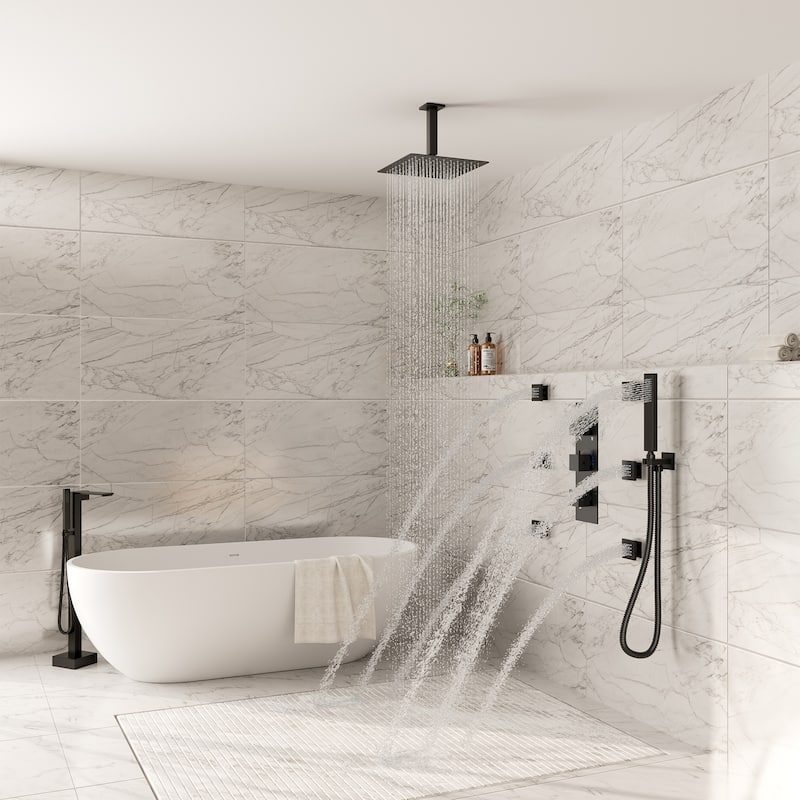 Thermostatic 3-Spray 12 in. Ceiling Mount Shower System with Handheld Shower Head and 6 Body Jets - 12" x 12"
