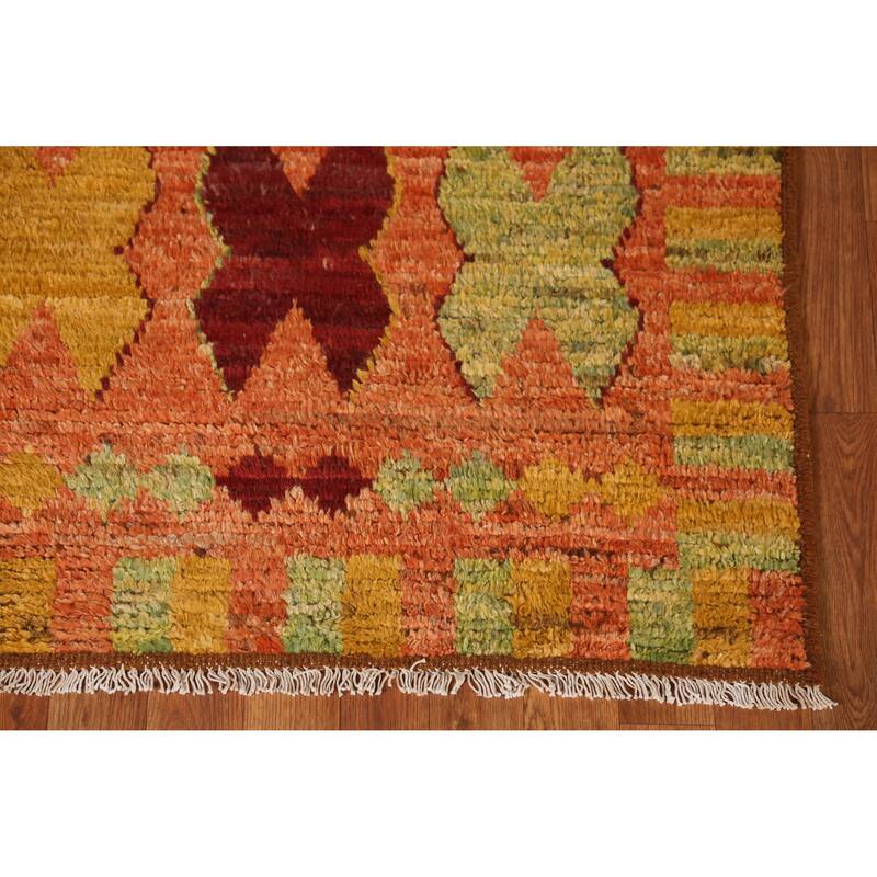 Geometric Orange Moroccan Oriental Runner Rug Hand-Knotted Wool Carpet - 3'1" x 9'9"