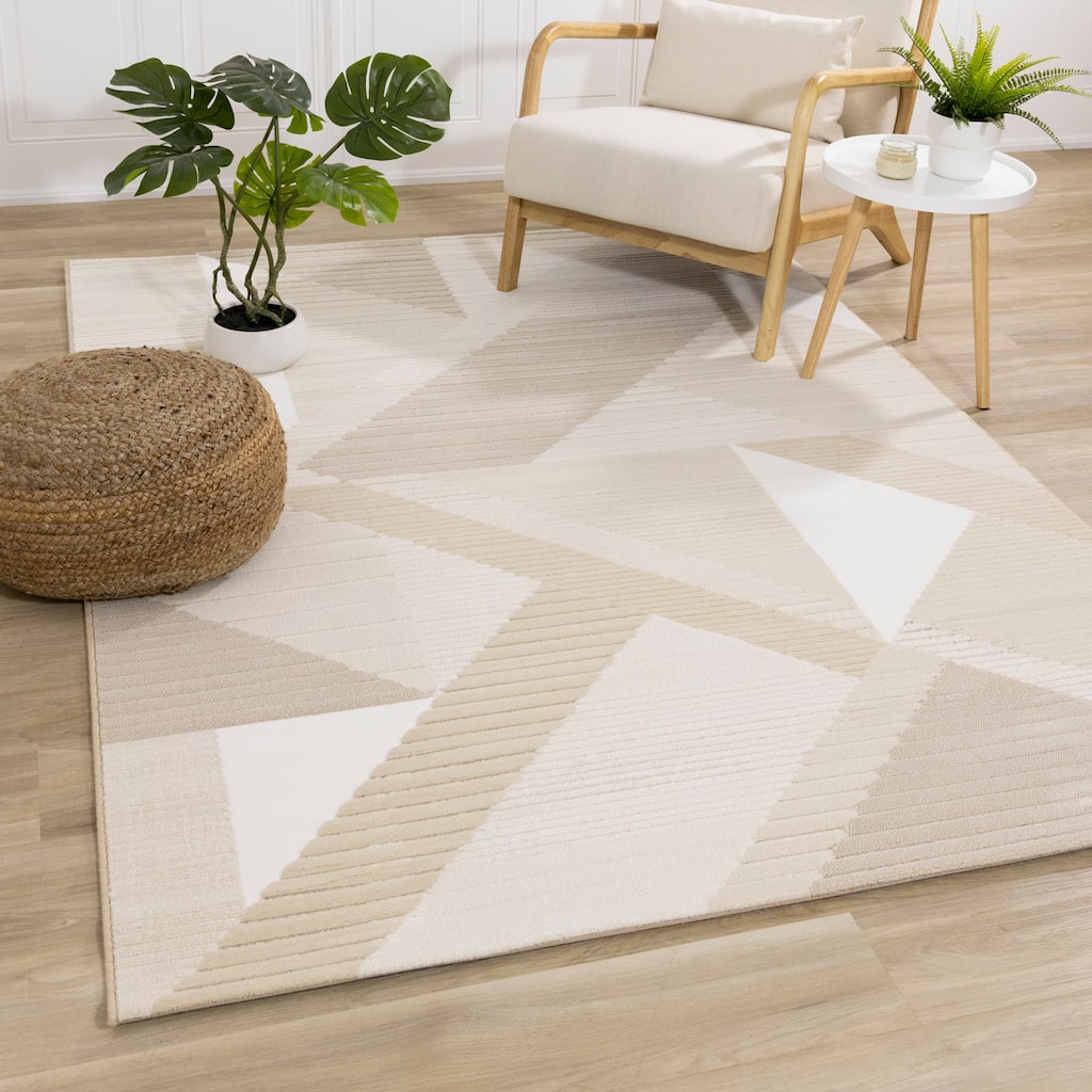 Elizabeth Collection - Beige/Blue Carved Geometric Modern Rug