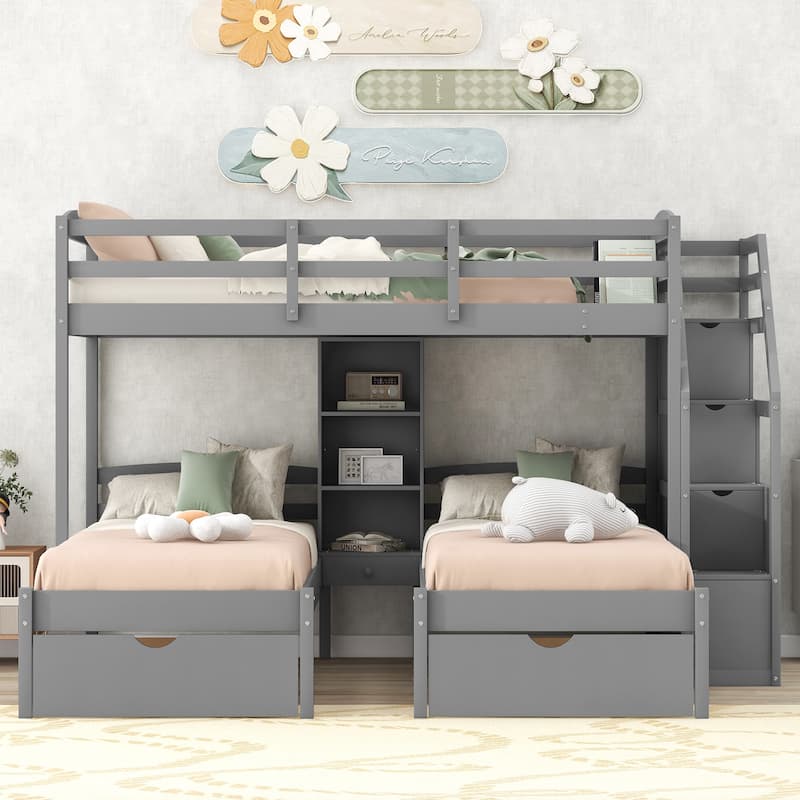 Space-Saving Triple Bunk Bed with Storage Drawers, Staircase & Built-in Shelves, Gray