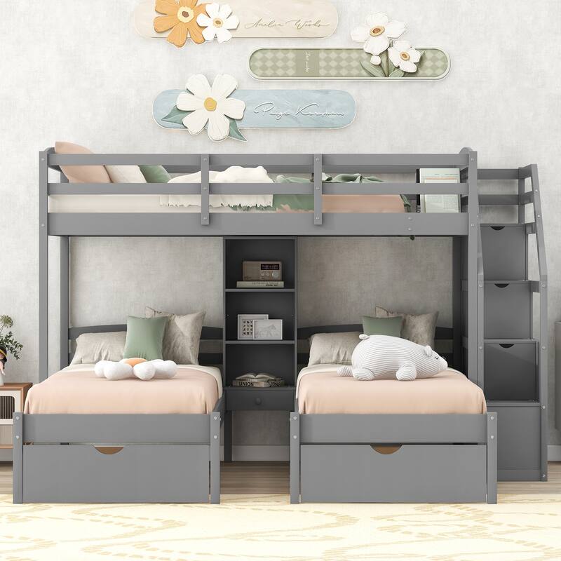Space Saving Twin over Twin & Twin Triple Bunk Bed with Large Storage Drawers and Shelves