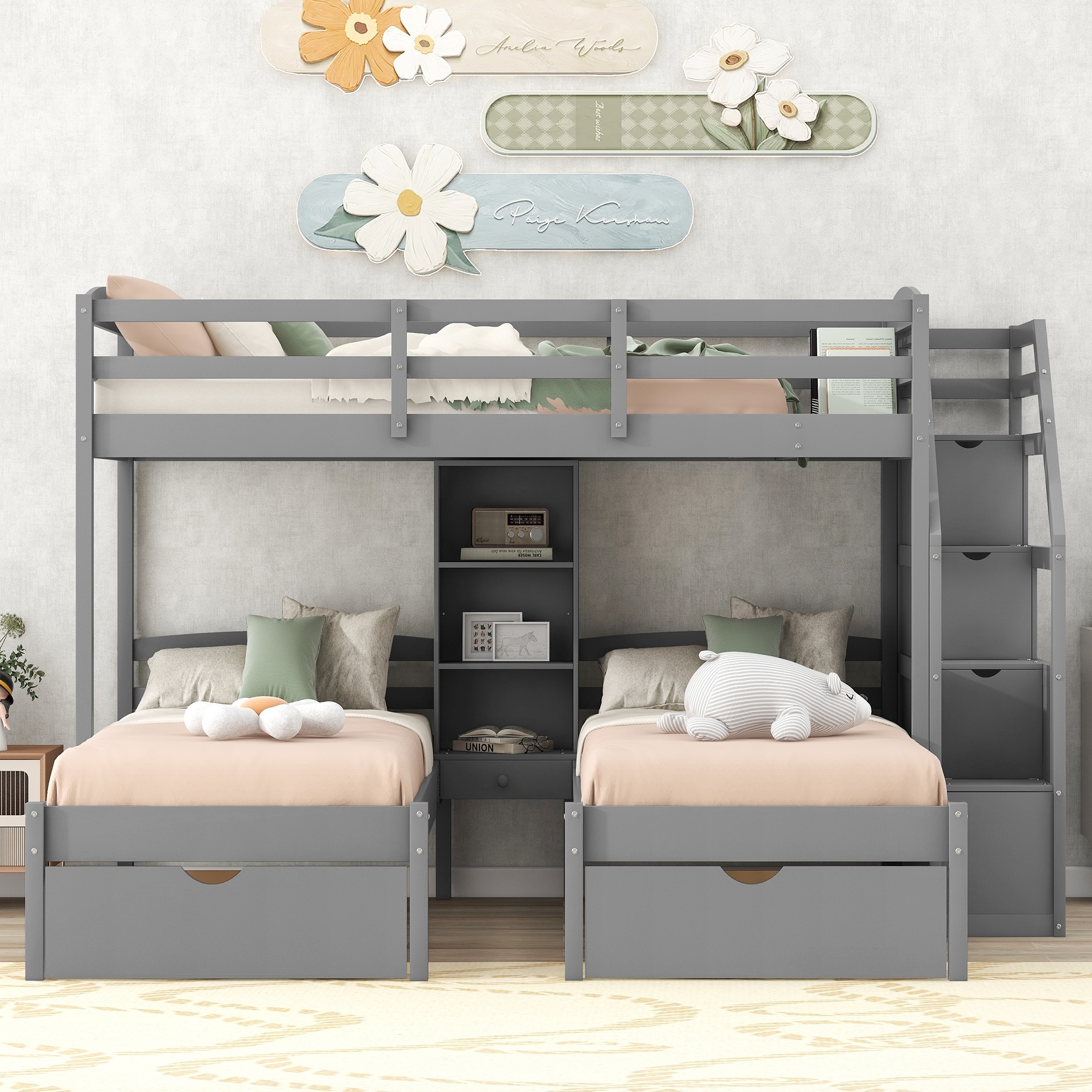 Twin over Twin Twin Triple Bunk Bed with Drawers Storage