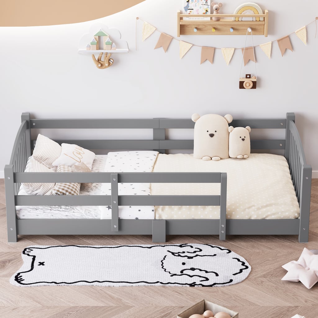 Roomfitters Montessori Floor Bed with Guardrails, Solid Wood Low Platform Bed with Slats, Easy Assembly