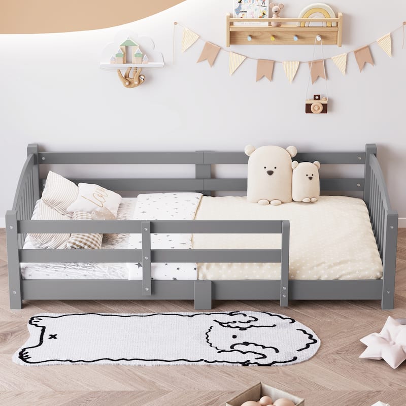 Solid Wood Floor Bed Montessori Bed with Safety Guardrails Without Door