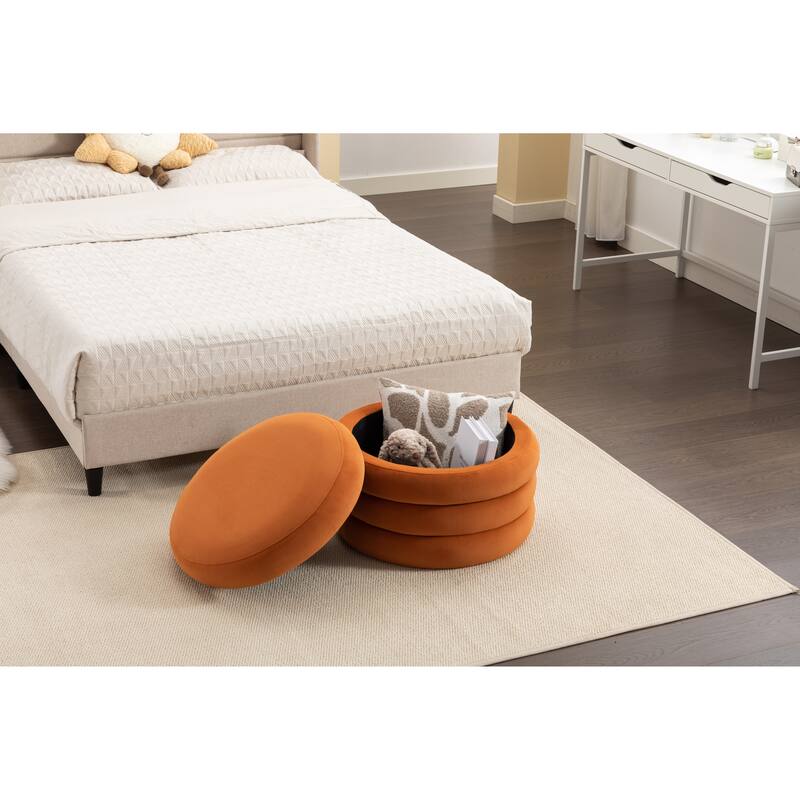 Velvet Round Ottoman with Storage, Footstool with Wooden Shelving, Multifunctional Round Vanity Stool for Makeup
