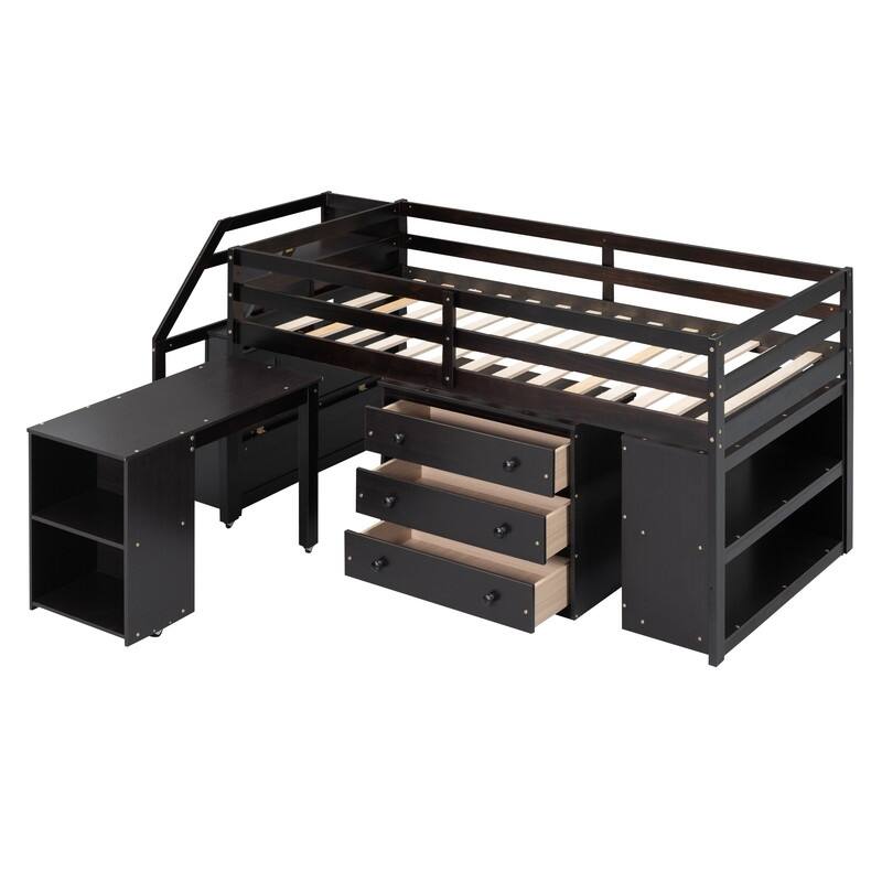 Twin/Full Size Loft Bed with Retractable Writing Desk and 3 Drawers, Wooden Loft Bed Frame w/ Storage Stairs & Shelves for Kids