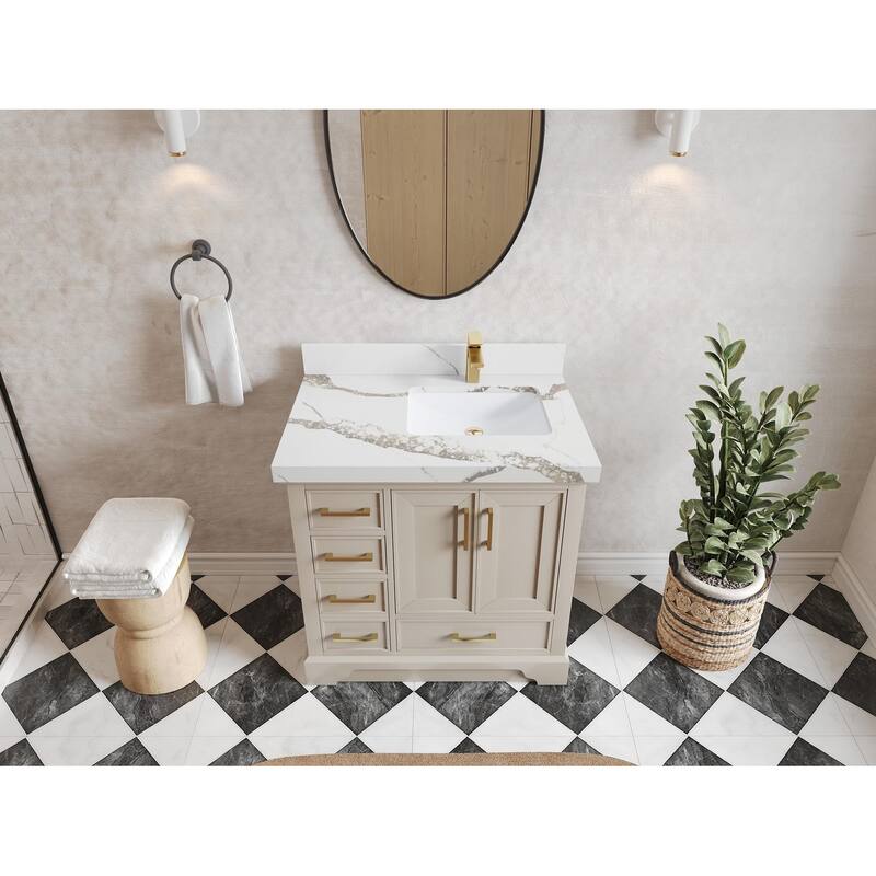 Willow Collections 36 x 22 Charlotte D Right Offset Sink Bathroom Vanity with Countertop - 2" Calacatta Gold - Fine Grain