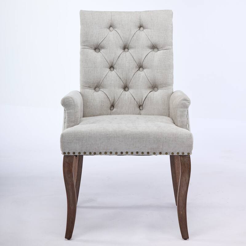 Upholstered Chenille Dining Chairs, Tufted Accent Armchairs with Curved Solid Wood Legs, Dining Room Arm Chair