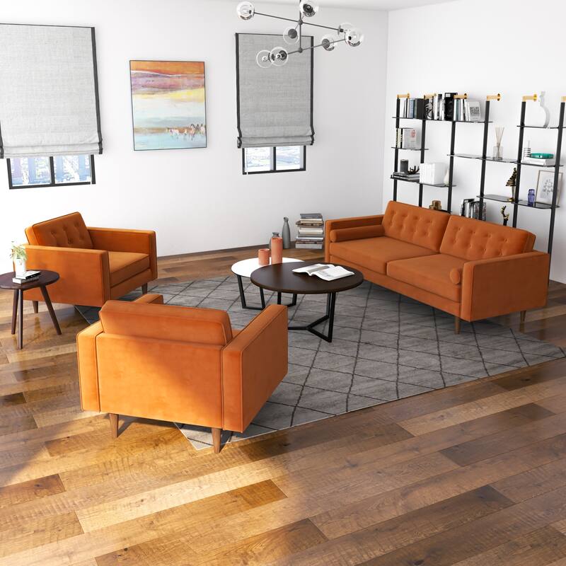 Mase 3-Piece Mid-Century Velvet Sofa and 2 Lounge Chairs Set in Gray